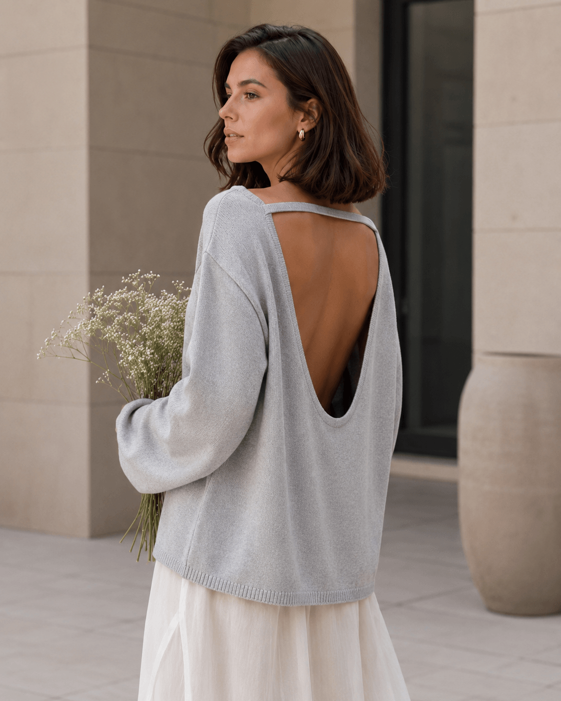 Women’s Cotton Loose Knit Jumper with Open Back, O Neck and Long Sleeves