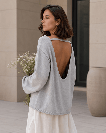 Women’s Cotton Loose Knit Jumper with Open Back, O Neck and Long Sleeves