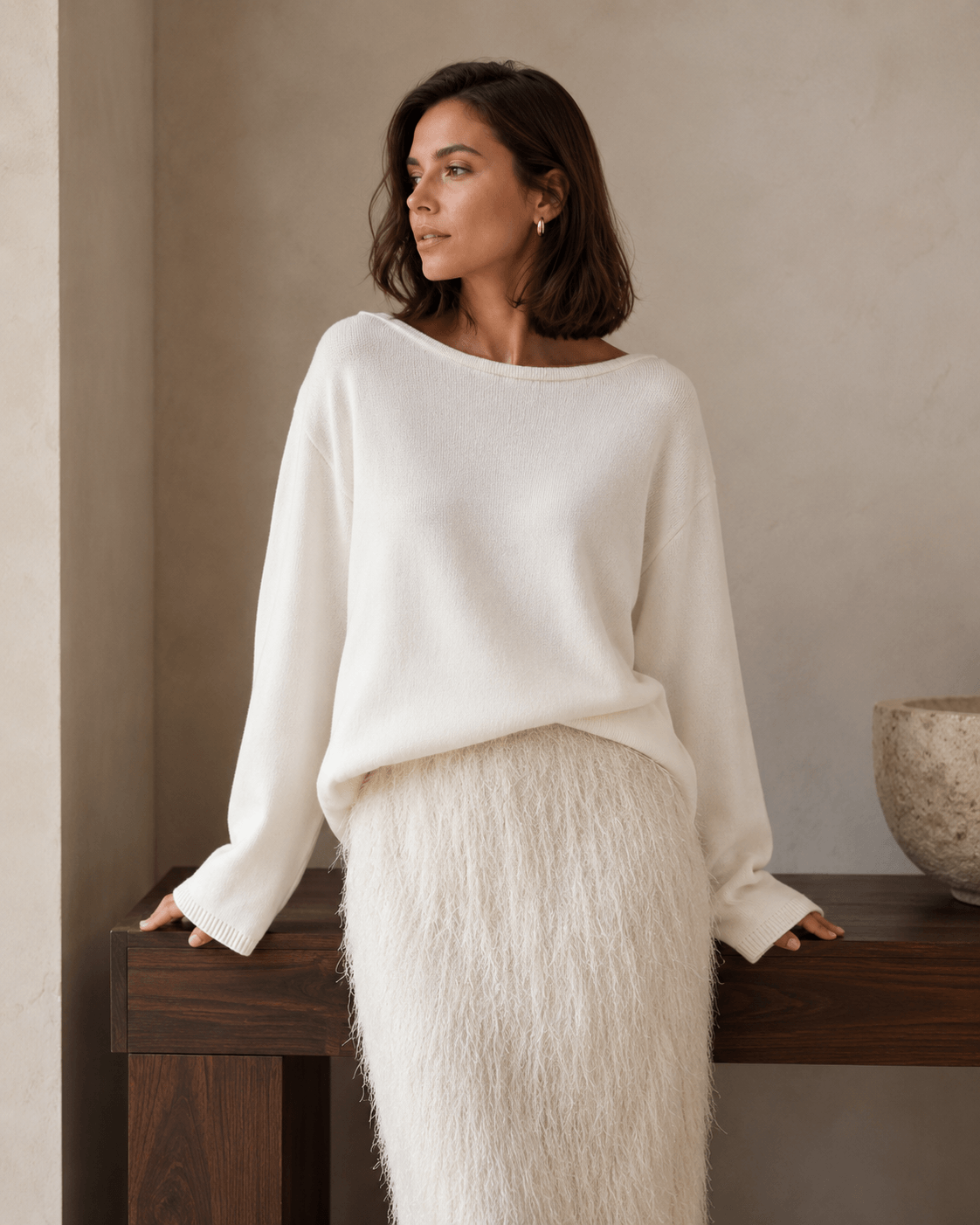 Women’s Cotton Loose Knit Jumper with Open Back, O Neck and Long Sleeves