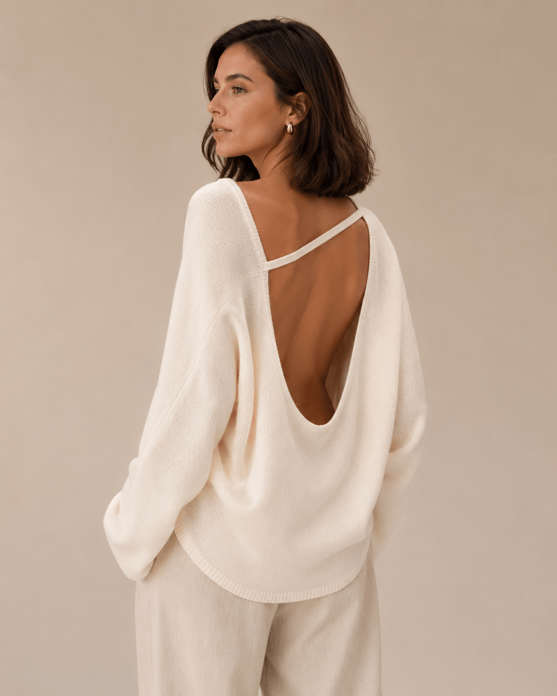 Women’s Cotton Loose Knit Jumper with Open Back, O Neck and Long Sleeves
