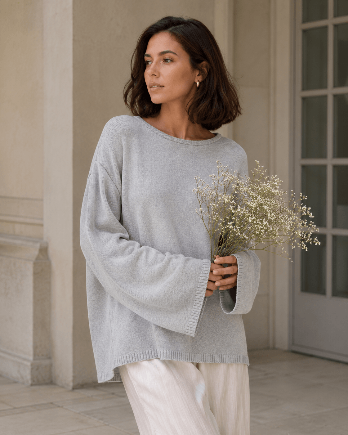 Women’s Cotton Loose Knit Jumper with Open Back, O Neck and Long Sleeves