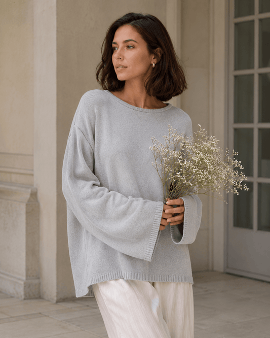 Women’s Cotton Loose Knit Jumper with Open Back, O Neck and Long Sleeves