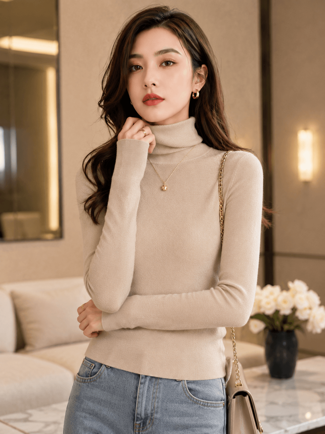 Women’s Slim Turtleneck Knit Jumper with Long Sleeves and Soft Stretch Fit