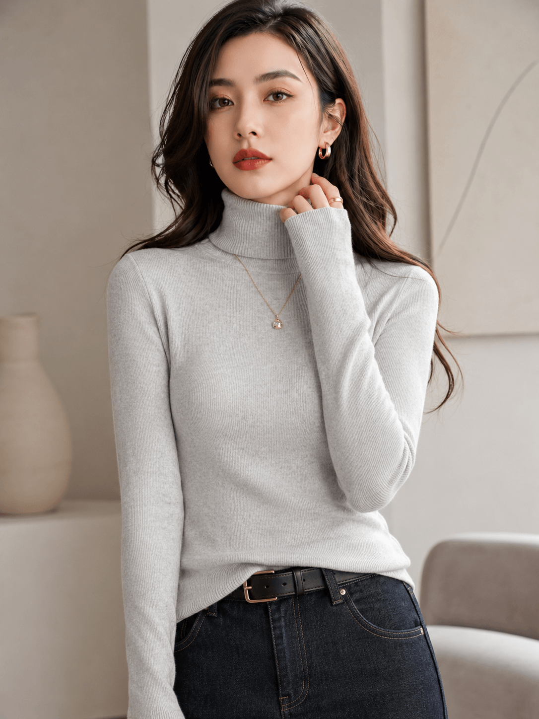 Women’s Slim Turtleneck Knit Jumper with Long Sleeves and Soft Stretch Fit