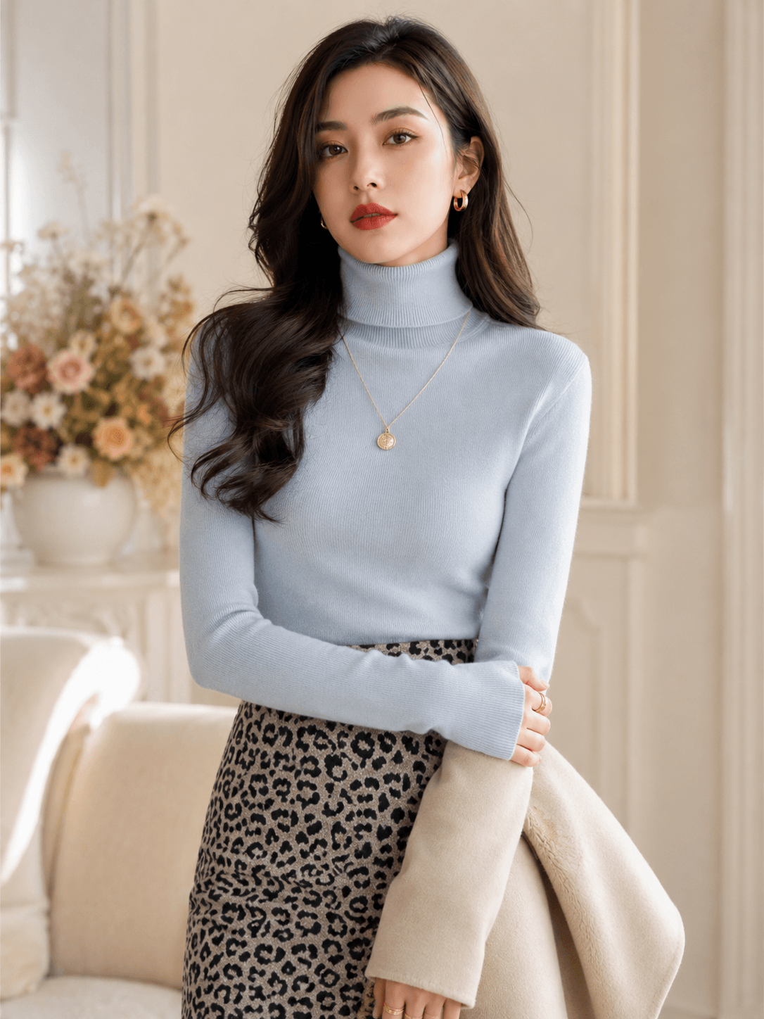 Women’s Slim Turtleneck Knit Jumper with Long Sleeves and Soft Stretch Fit