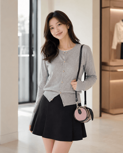 Women’s Round Neck Knit Cardigan with Long Sleeves, Single Breasted Button Front and Slim Fit