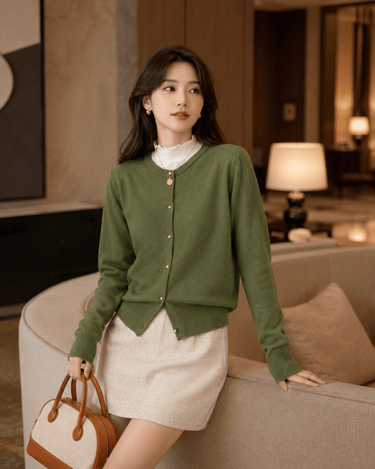 Women’s Round Neck Knit Cardigan with Long Sleeves, Single Breasted Button Front and Slim Fit