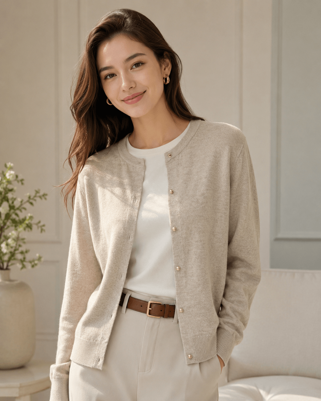 Women’s Round Neck Knit Cardigan with Long Sleeves, Single Breasted Button Front and Slim Fit