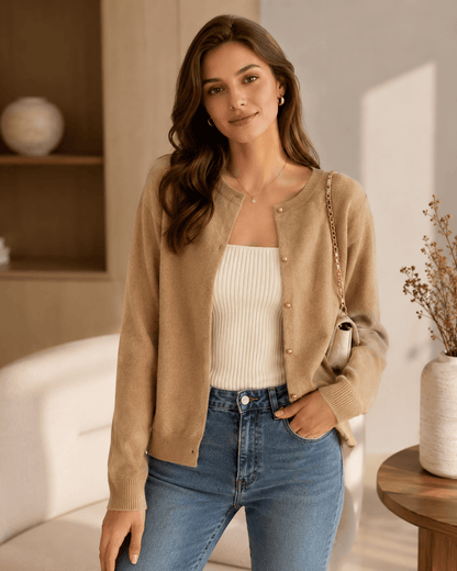Women’s Round Neck Knit Cardigan with Long Sleeves, Single Breasted Button Front and Slim Fit