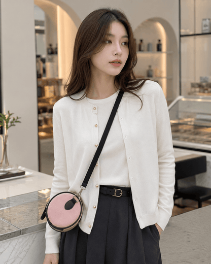 Women’s Round Neck Knit Cardigan with Long Sleeves, Single Breasted Button Front and Slim Fit