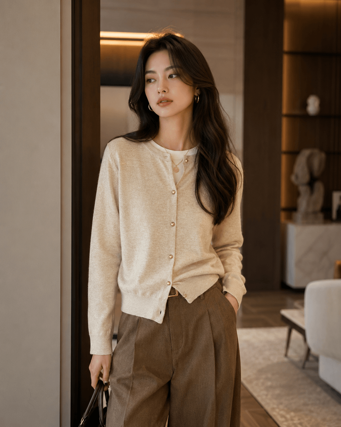 Women’s Round Neck Knit Cardigan with Long Sleeves, Single Breasted Button Front and Slim Fit