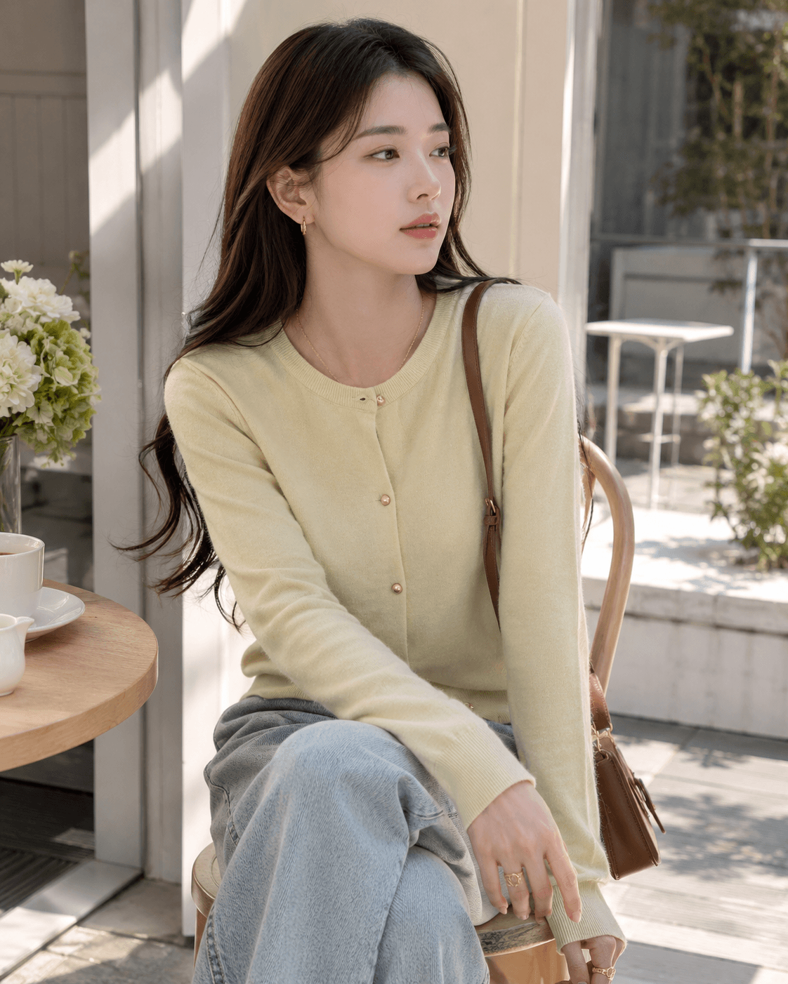 Women’s Round Neck Knit Cardigan with Long Sleeves, Single Breasted Button Front and Slim Fit