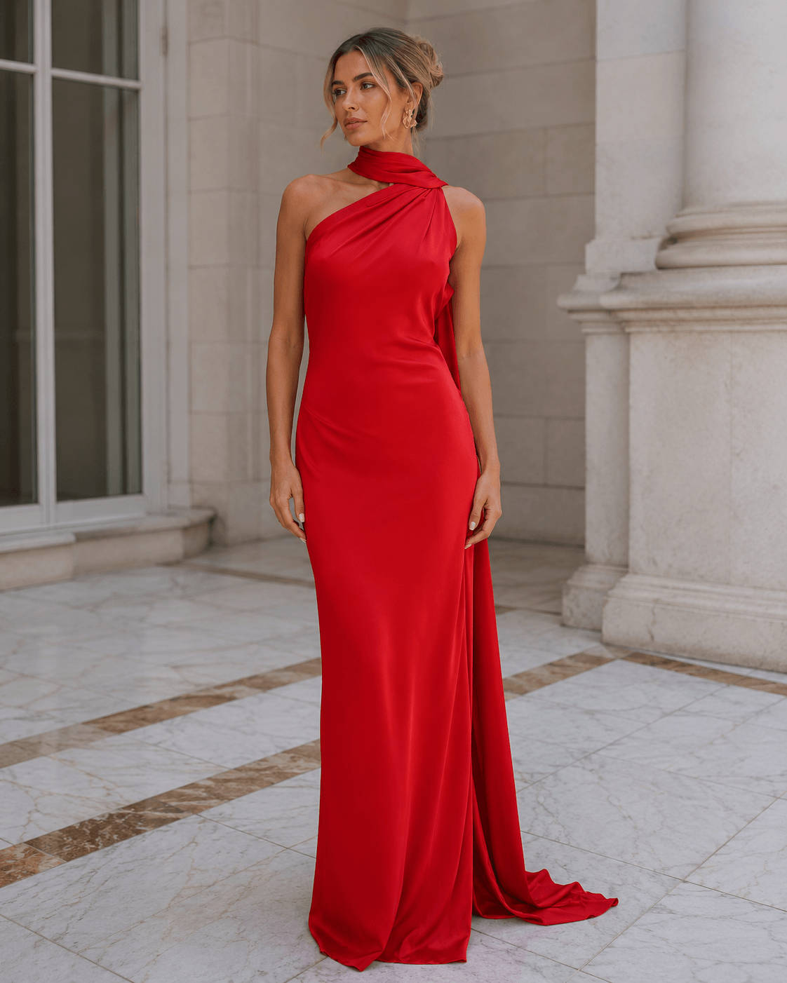 Women’s Satin One Shoulder Maxi Dress Backless Wedding Guest Dress