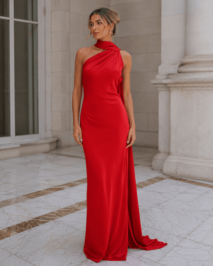 Women’s Satin One Shoulder Maxi Dress Backless Wedding Guest Dress