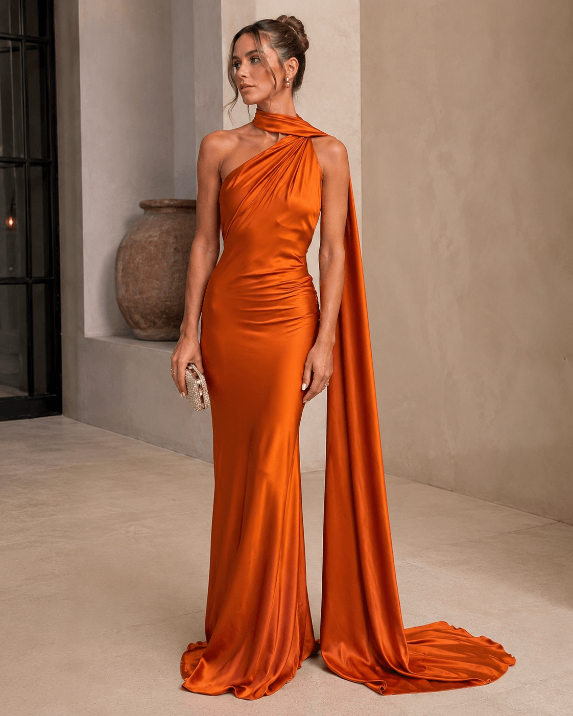 Women’s Satin One Shoulder Maxi Dress Backless Wedding Guest Dress