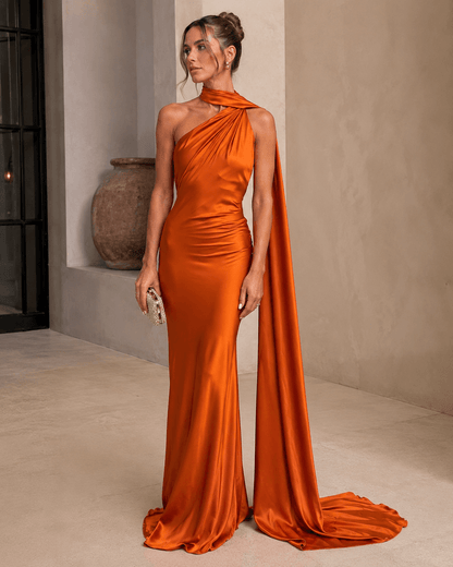 Women’s Satin One Shoulder Maxi Dress Backless Wedding Guest Dress