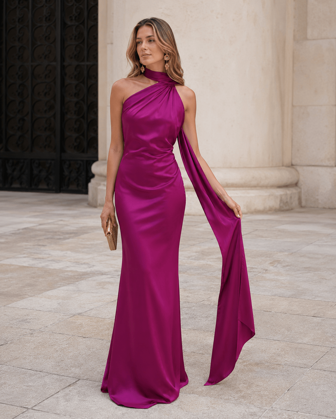 Women’s Satin One Shoulder Maxi Dress Backless Wedding Guest Dress