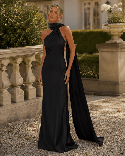 Women’s Satin One Shoulder Maxi Dress Backless Wedding Guest Dress
