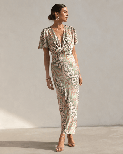 Women’s Printed Wrap Midi Dress V Neck Wedding Guest Dress