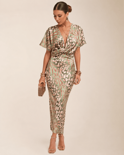 Women’s Printed Wrap Midi Dress V Neck Wedding Guest Dress