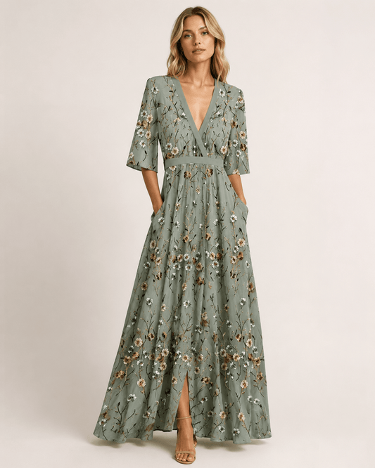 Women’s Floral Maxi Dress V Neck Wedding Guest Summer Dress