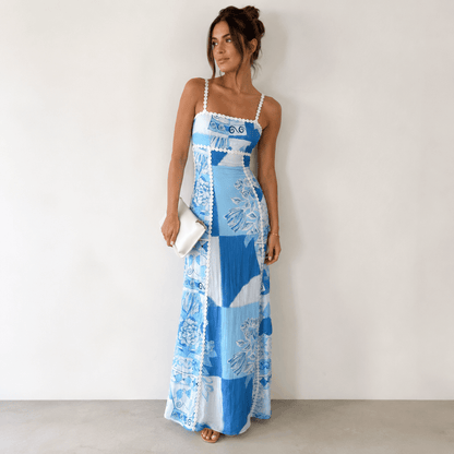 Women’s Blue Printed Maxi Dress Open Back Wedding Guest Dress
