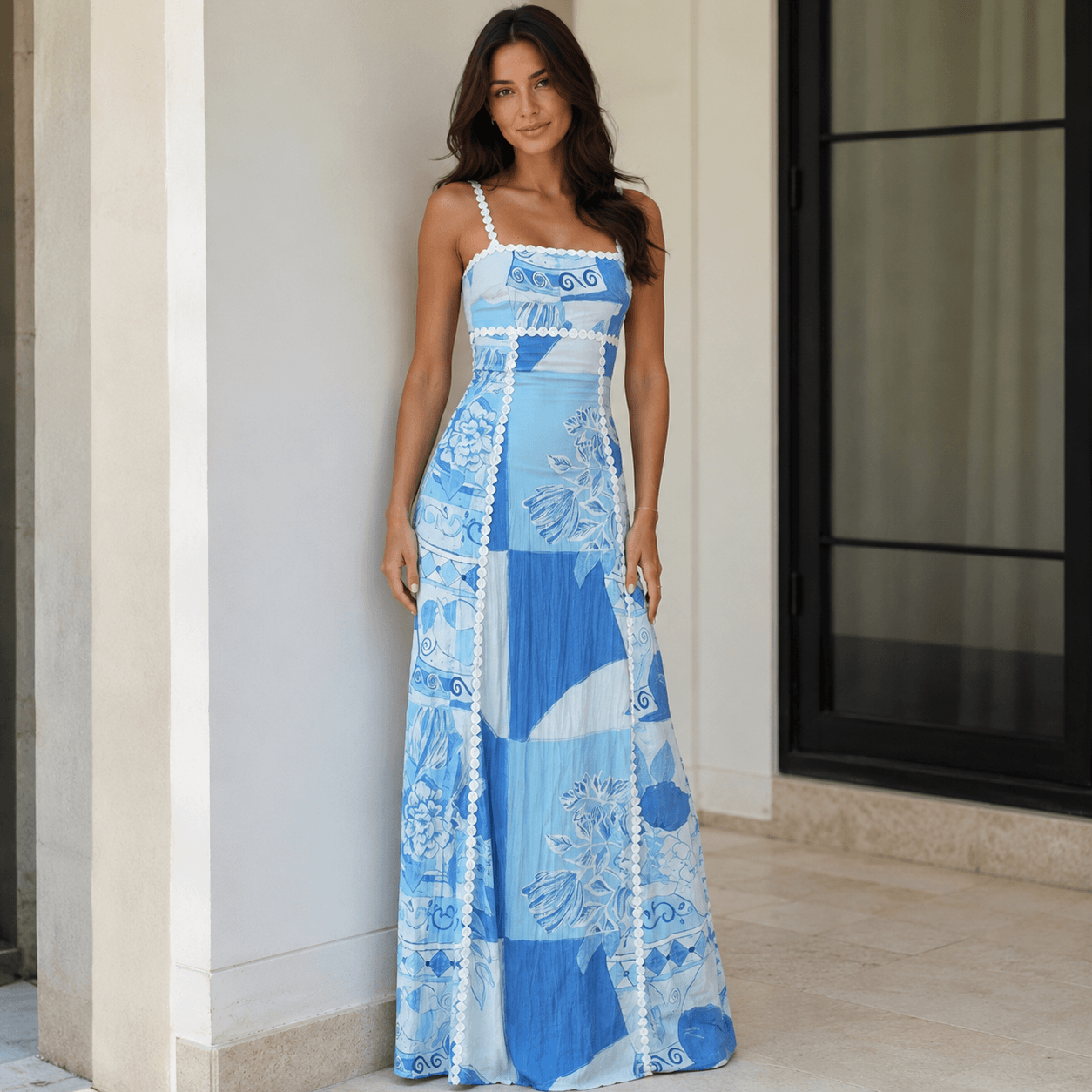 Women’s Blue Printed Maxi Dress Open Back Wedding Guest Dress
