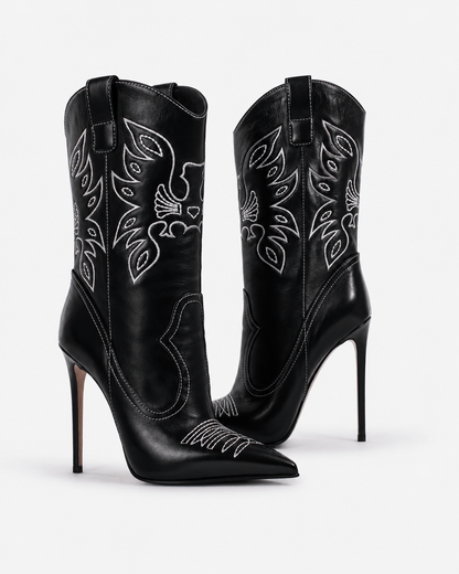 Women’s Embroidered Western Ankle Boots Pointed Toe High Heel Boots