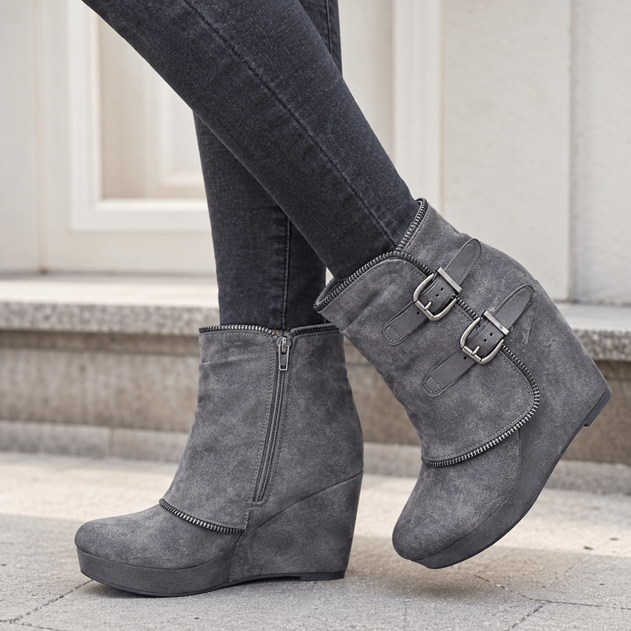 Women’s Chunky Wedge Ankle Boots Zip Round Toe Platform Boots