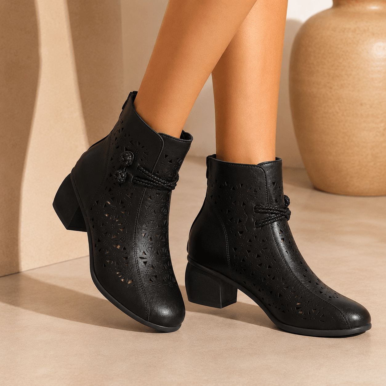 Women’s Hollow Out Mid Heel Ankle Boots Square Heel Spring Boots