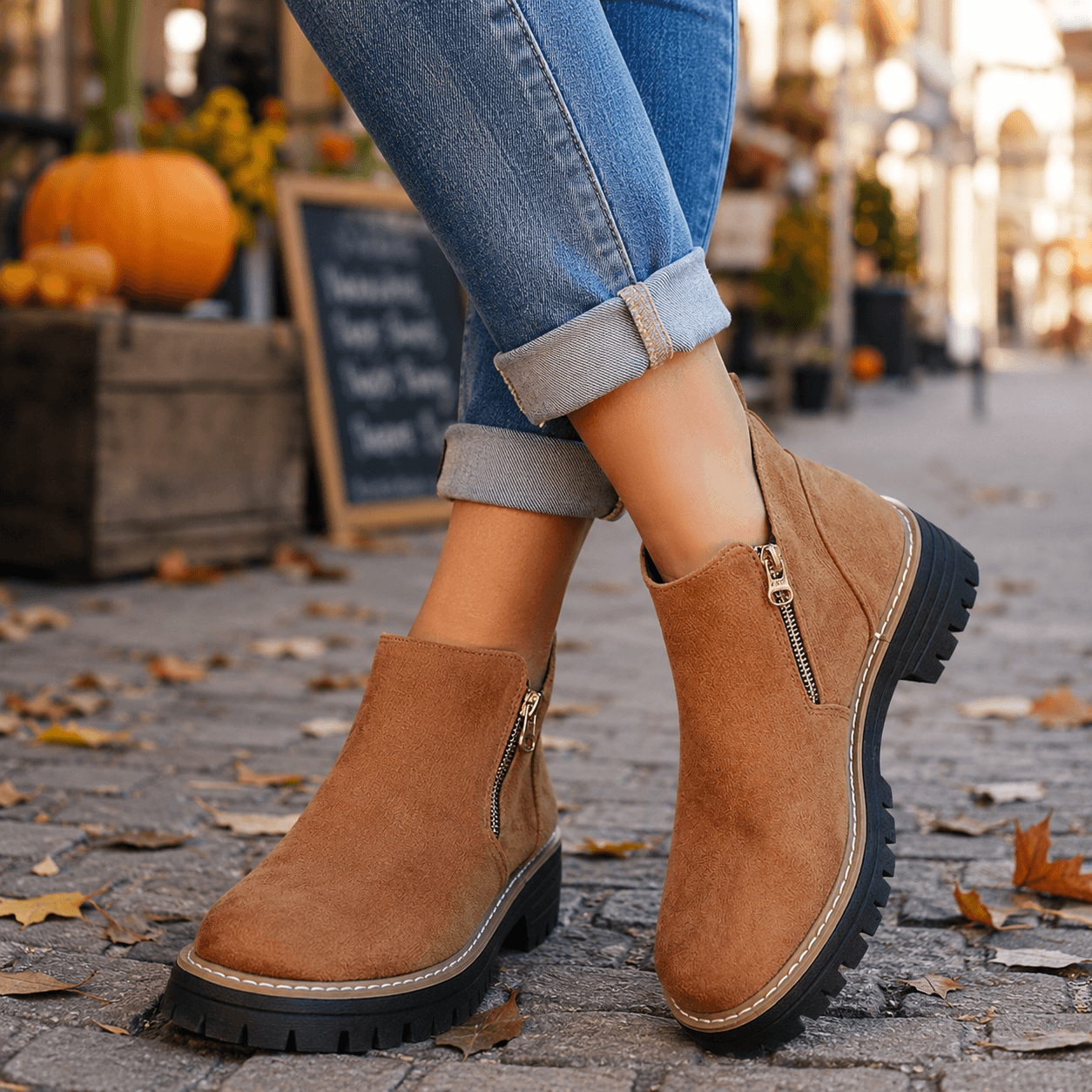 Women’s Wide Fit Side Zip Ankle Boots Faux Suede Chunky Sole Boots