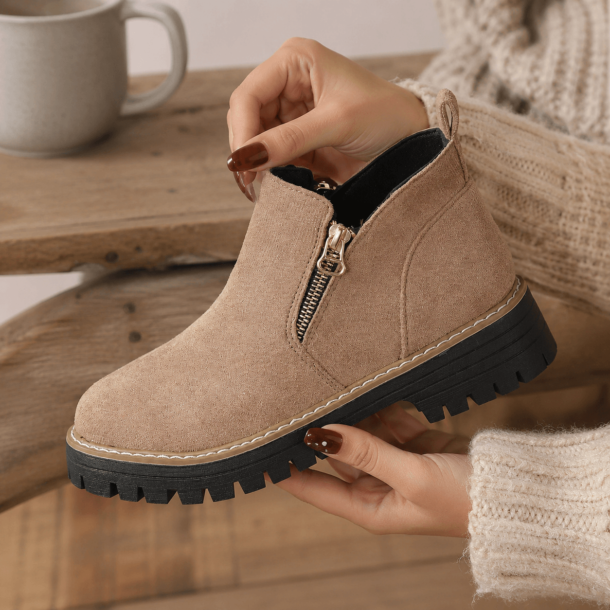 Women’s Wide Fit Side Zip Ankle Boots Faux Suede Chunky Sole Boots