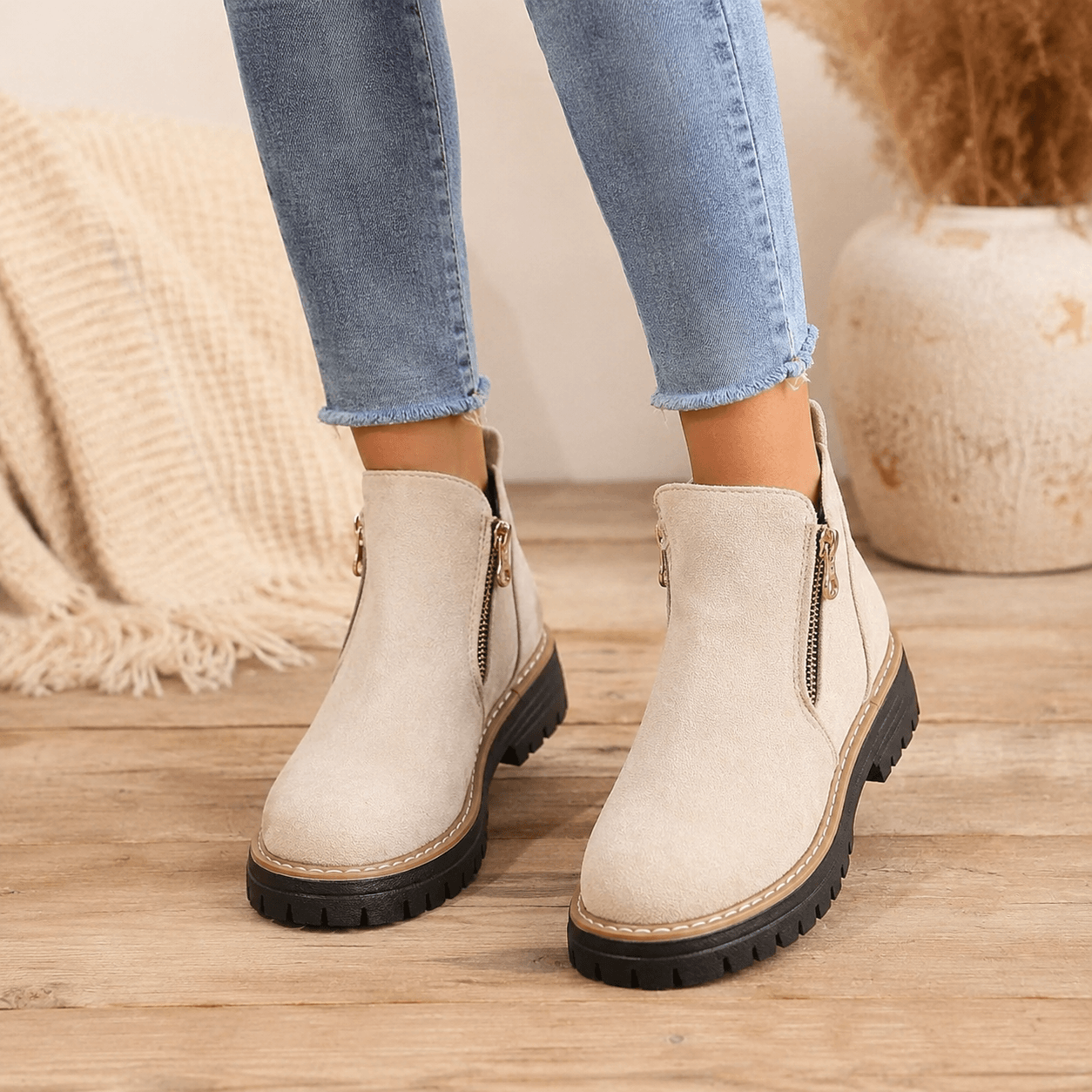 Women’s Wide Fit Side Zip Ankle Boots Faux Suede Chunky Sole Boots