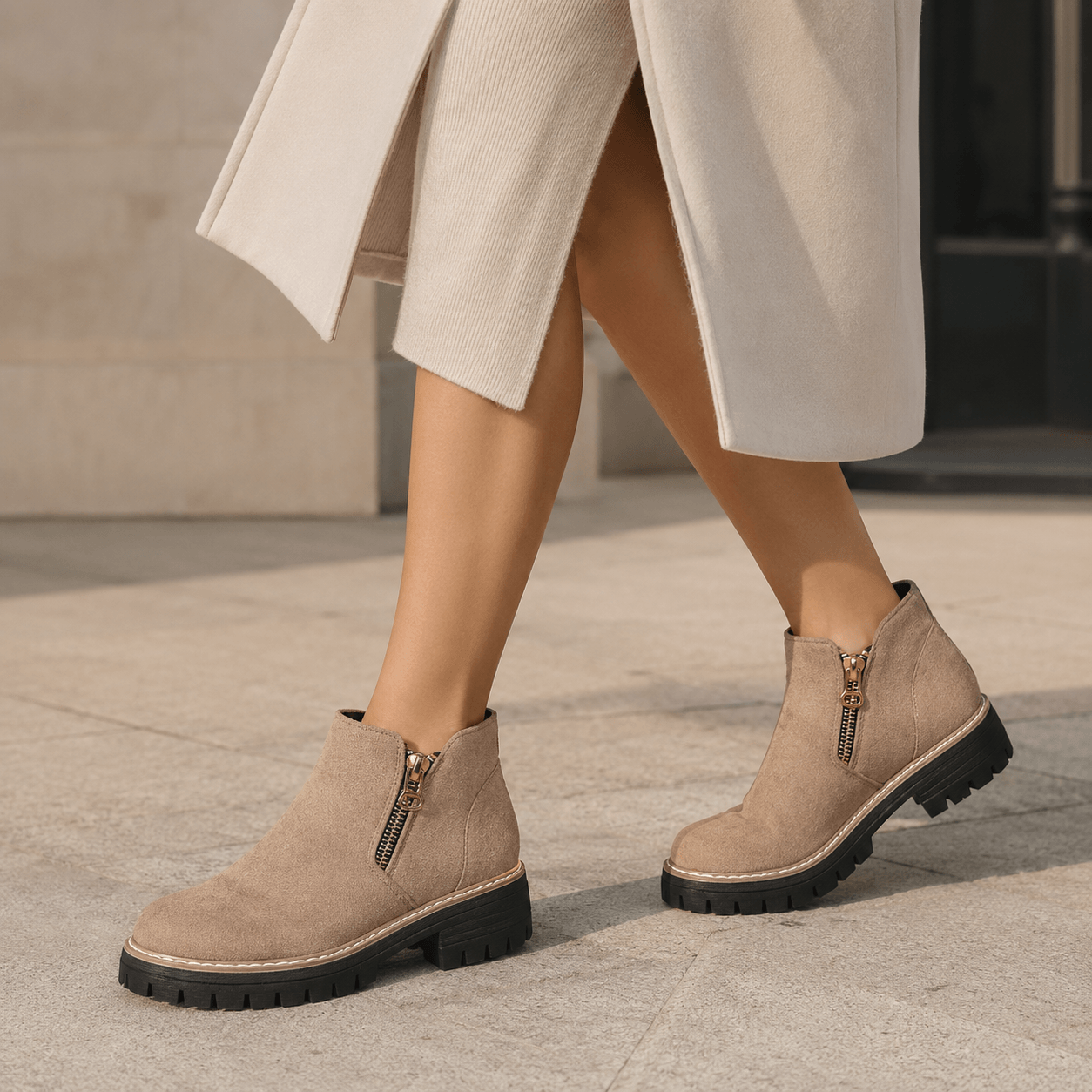 Women’s Wide Fit Side Zip Ankle Boots Faux Suede Chunky Sole Boots