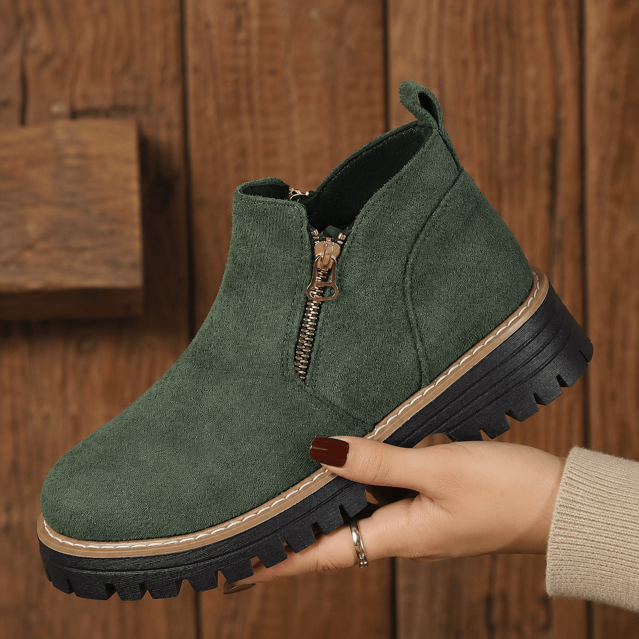 Women’s Wide Fit Side Zip Ankle Boots Faux Suede Chunky Sole Boots