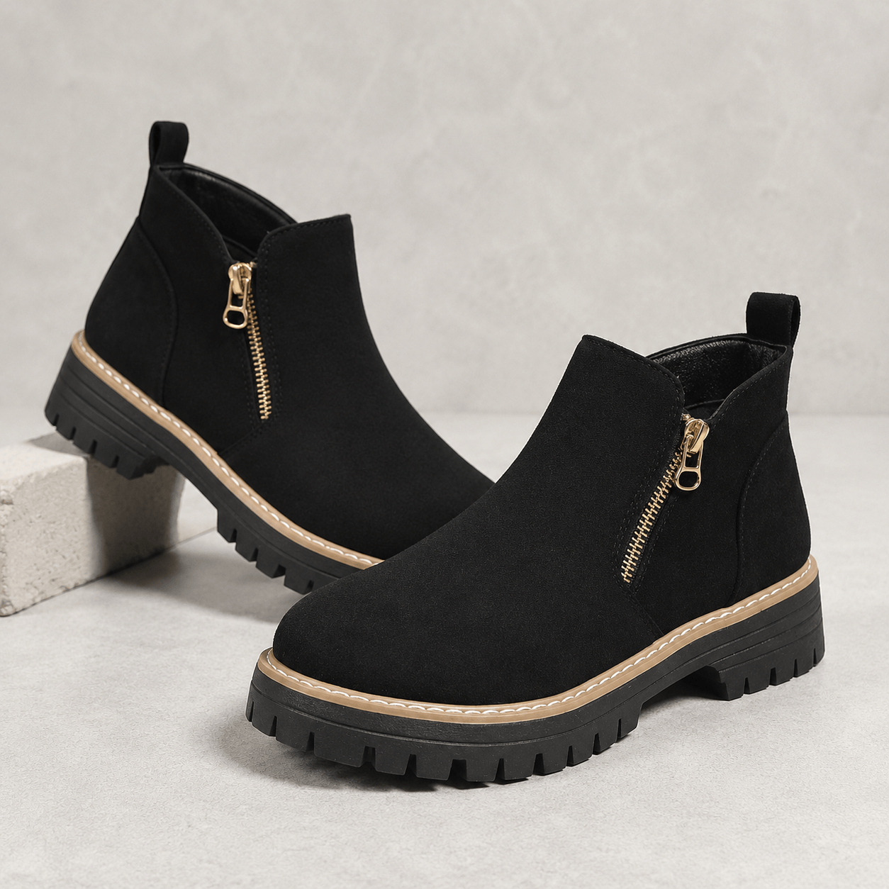 Women’s Wide Fit Side Zip Ankle Boots Faux Suede Chunky Sole Boots