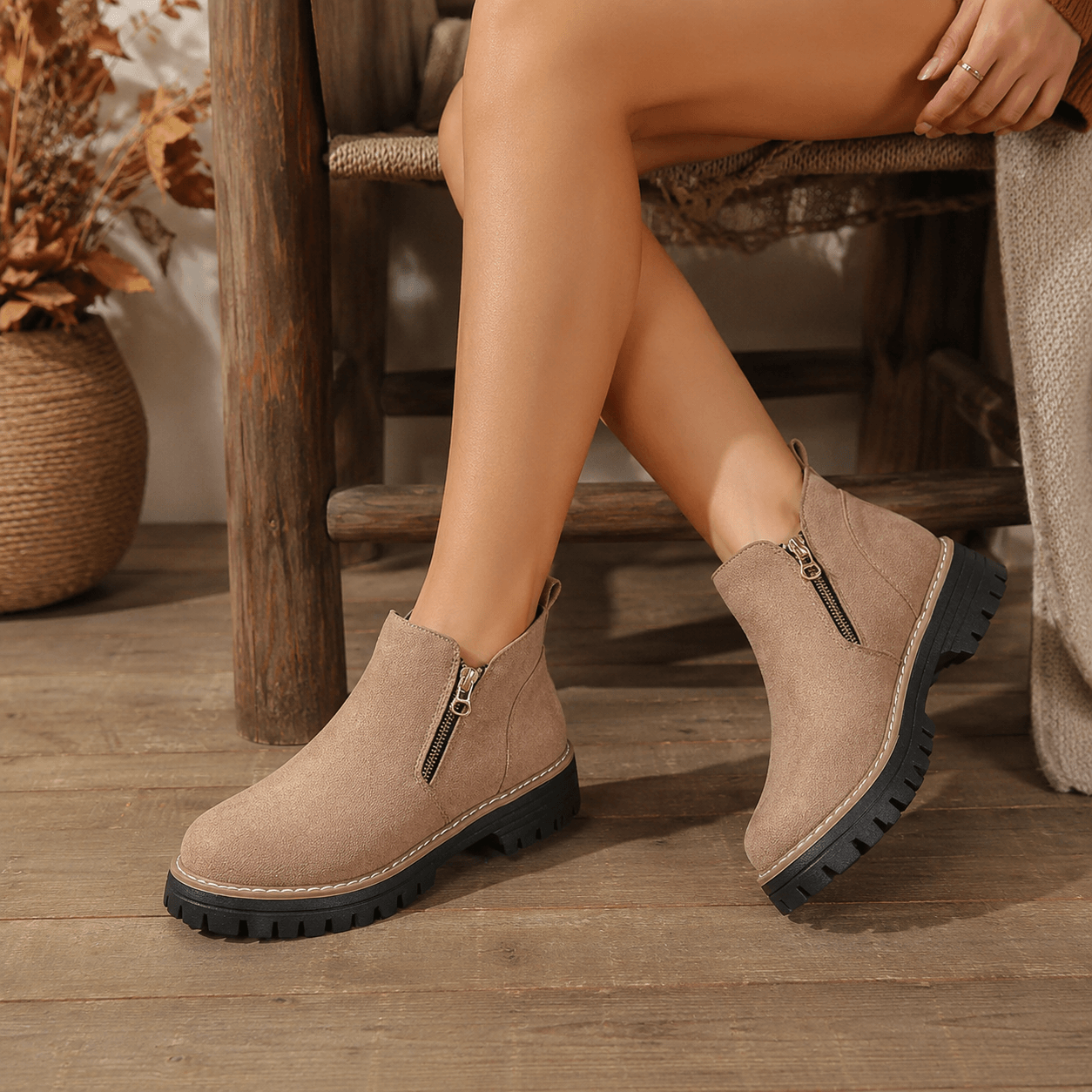Women’s Wide Fit Side Zip Ankle Boots Faux Suede Chunky Sole Boots