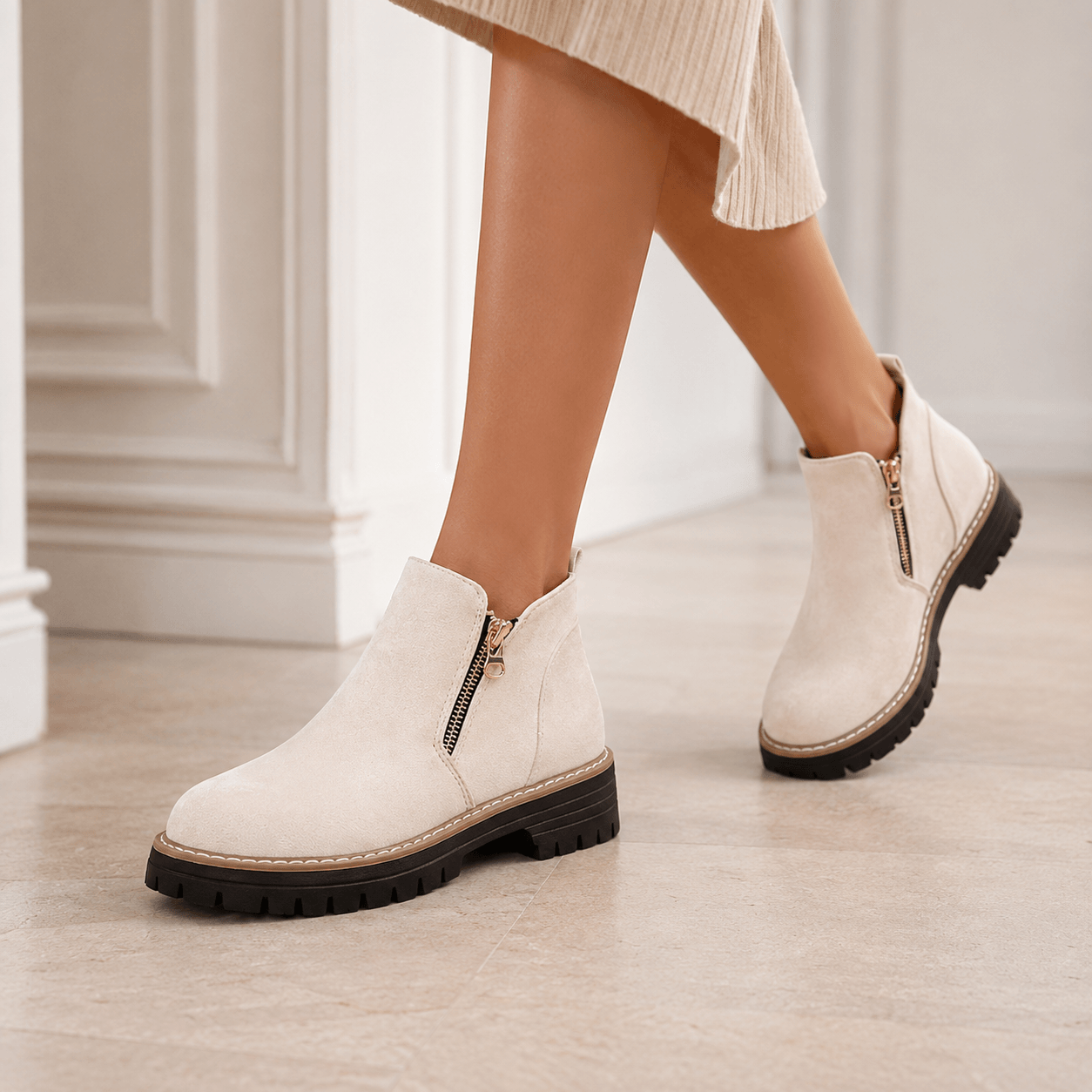 Women’s Wide Fit Side Zip Ankle Boots Faux Suede Chunky Sole Boots