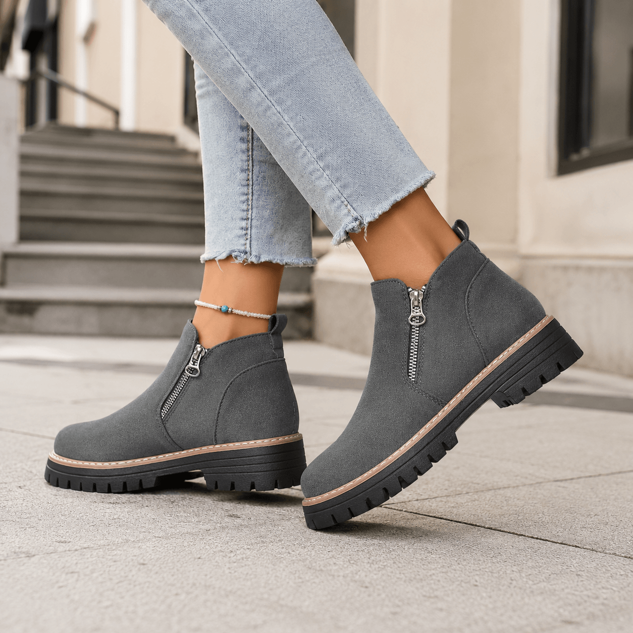 Women’s Wide Fit Side Zip Ankle Boots Faux Suede Chunky Sole Boots