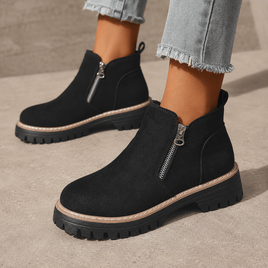 Women’s Wide Fit Side Zip Ankle Boots Faux Suede Chunky Sole Boots