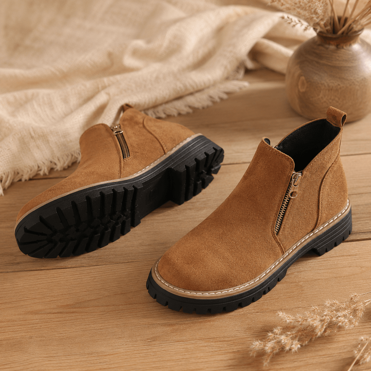 Women’s Wide Fit Side Zip Ankle Boots Faux Suede Chunky Sole Boots