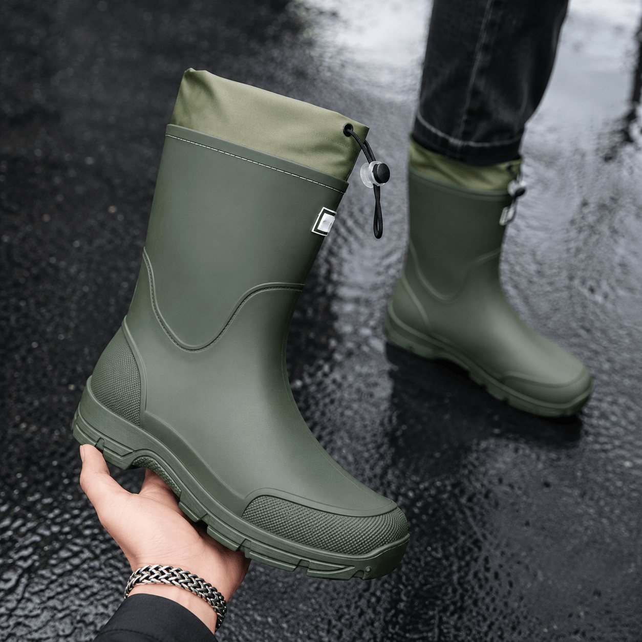 Men’s Waterproof Wellington Boots Mid Calf Rain Boots Round Toe