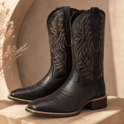Men’s Western Cowboy Boots Mid Calf Embroidered Slip On Boots
