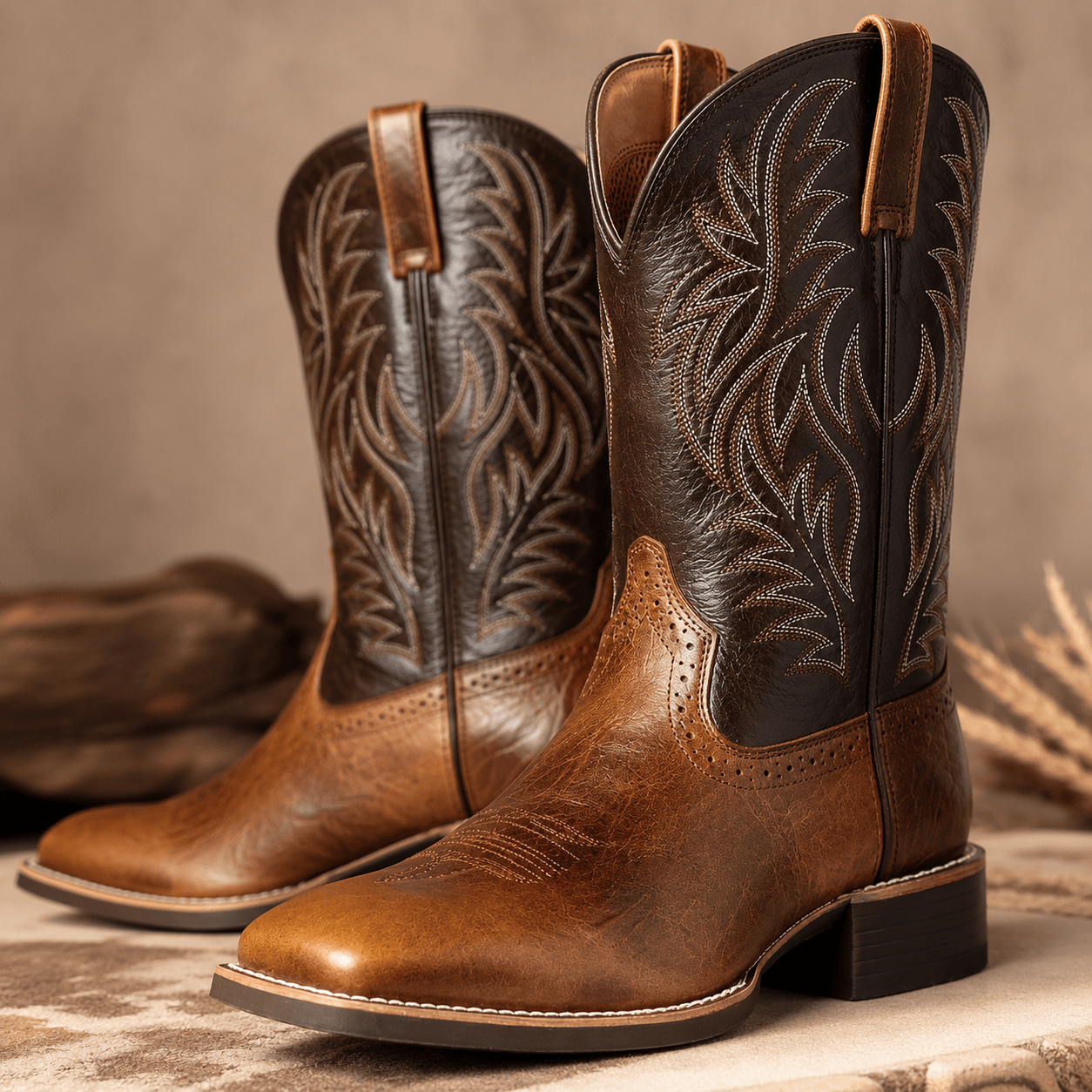 Men’s Western Cowboy Boots Mid Calf Embroidered Slip On Boots