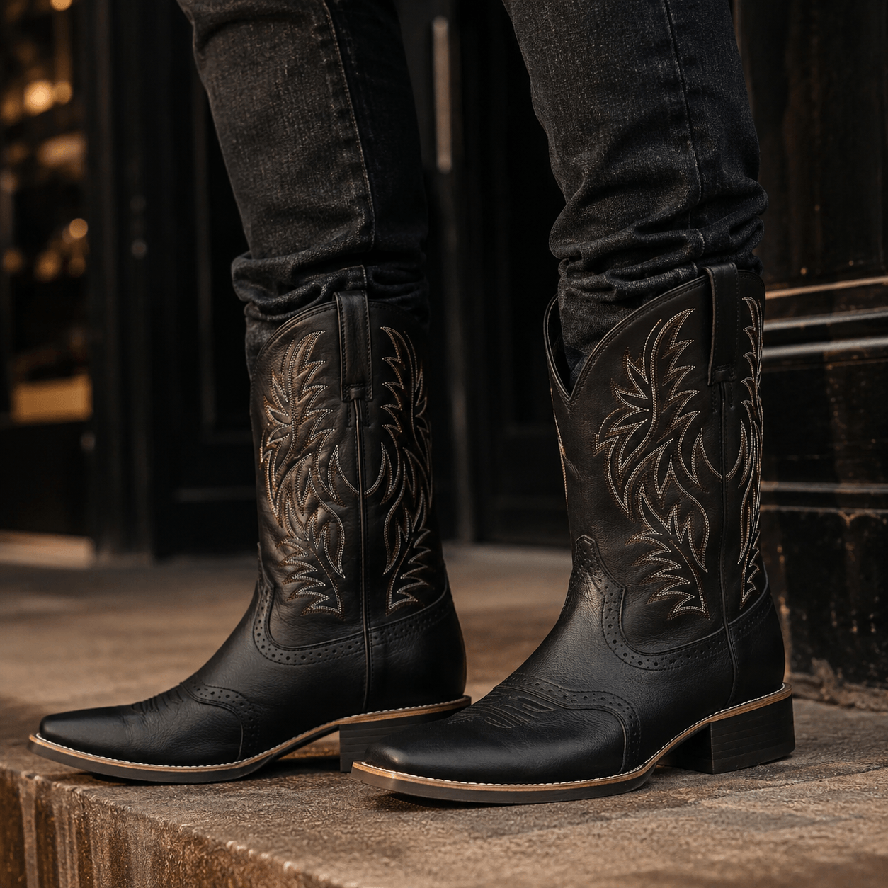 Men’s Western Cowboy Boots Mid Calf Embroidered Slip On Boots