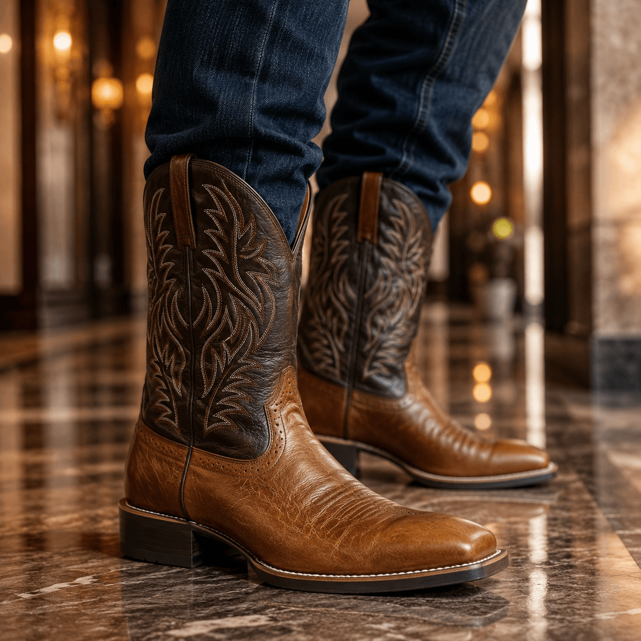 Men’s Western Cowboy Boots Mid Calf Embroidered Slip On Boots