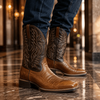 Men’s Western Cowboy Boots Mid Calf Embroidered Slip On Boots