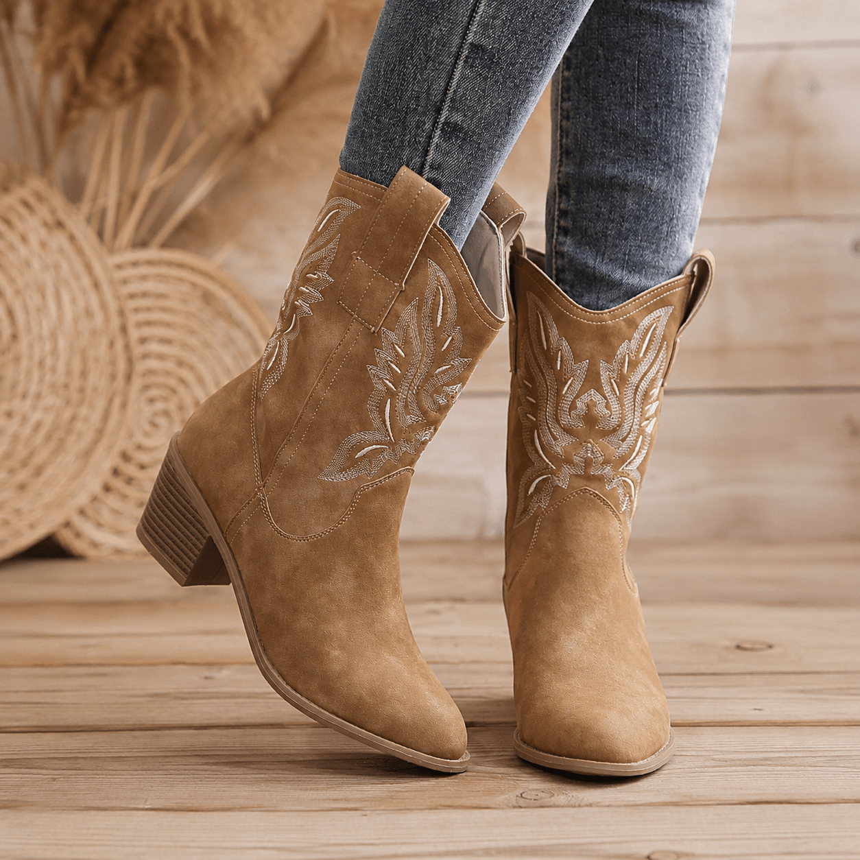 Women’s Embroidered Cowboy Boots Pointed Toe Western Mid Calf Boots