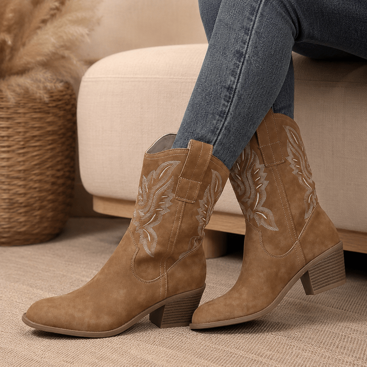 Women’s Embroidered Cowboy Boots Pointed Toe Western Mid Calf Boots