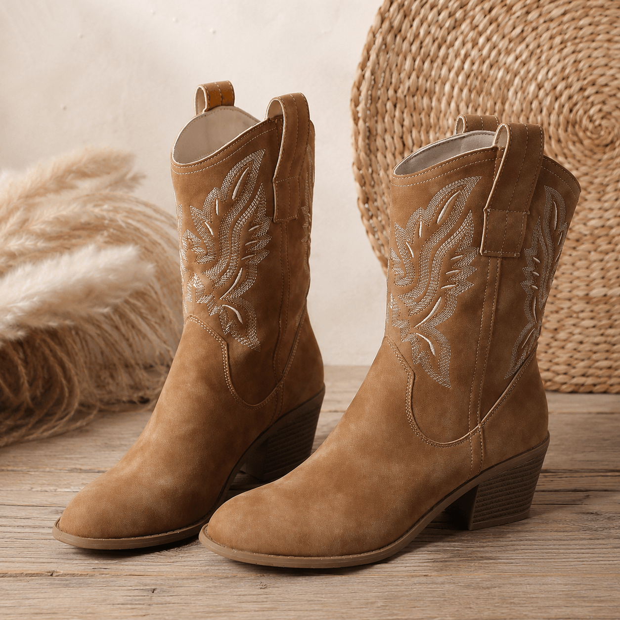 Women’s Embroidered Cowboy Boots Pointed Toe Western Mid Calf Boots